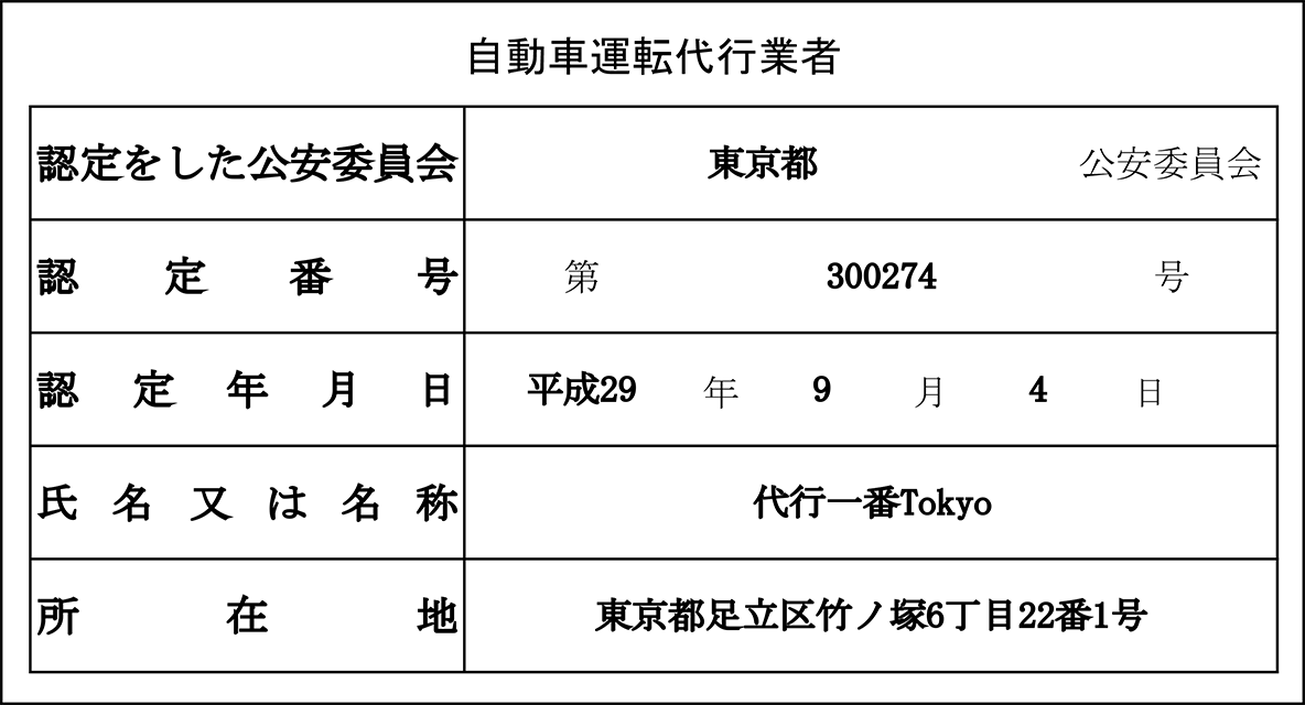 自動車運転代行業者認定証　足立代行一番Tokyo