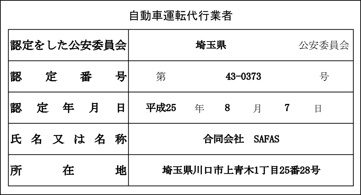 自動車運転代行業者認定証　川口営業所